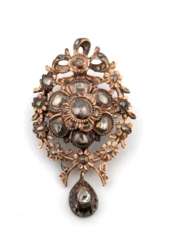 Broche antique en or rose 9 carats avec diamants taille rose