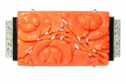 Broche Art Déco Diamants Onyx Corail Sanguin
