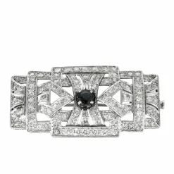 Broche art déco en platine, diamants et saphir