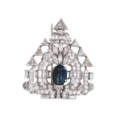 Broche Art Déco, Platine, Diamants & Saphir