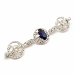 Broche ART DECO, or blanc, saphir, diamants