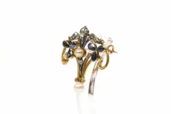 Broche Art Nouveau en or jaune, saphirs, diamants taille rose et perles