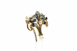 Broche Art Nouveau en or jaune, saphirs, diamants taille rose et perles