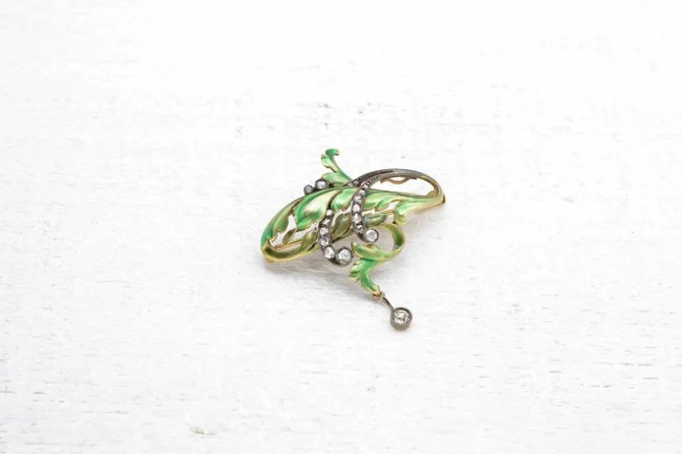 Broche Art Nouveau Or jaune Diamants Email