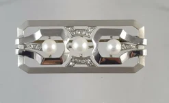 Broche barette or blanc Art Déco diamants et perles