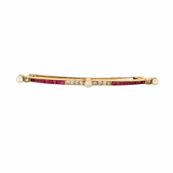Broche barette, or jaune, rubis et diamants et perles