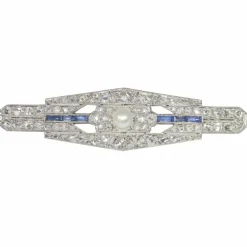 Broche barre de diamants Art Déco avec saphirs et une perle