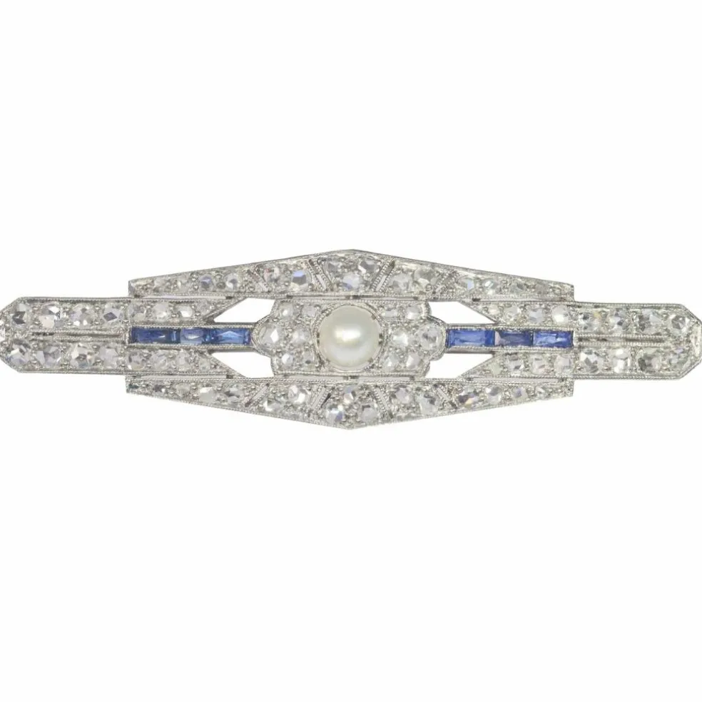 Broche barre de diamants Art Déco avec saphirs et une perle