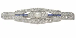 Broche barre de diamants Art Déco avec saphirs et une perle