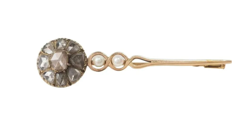 Broche barrette ancienne en or jaune, diamants et perle de culture