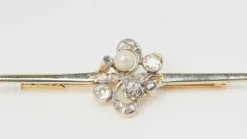 Broche barrette Or Diamants Perles
