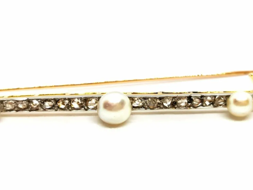 Broche Barrette Or jaune, Platine Diamant, Perle