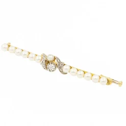 Broche Barrette Or jaune, Platine Diamant, Perle