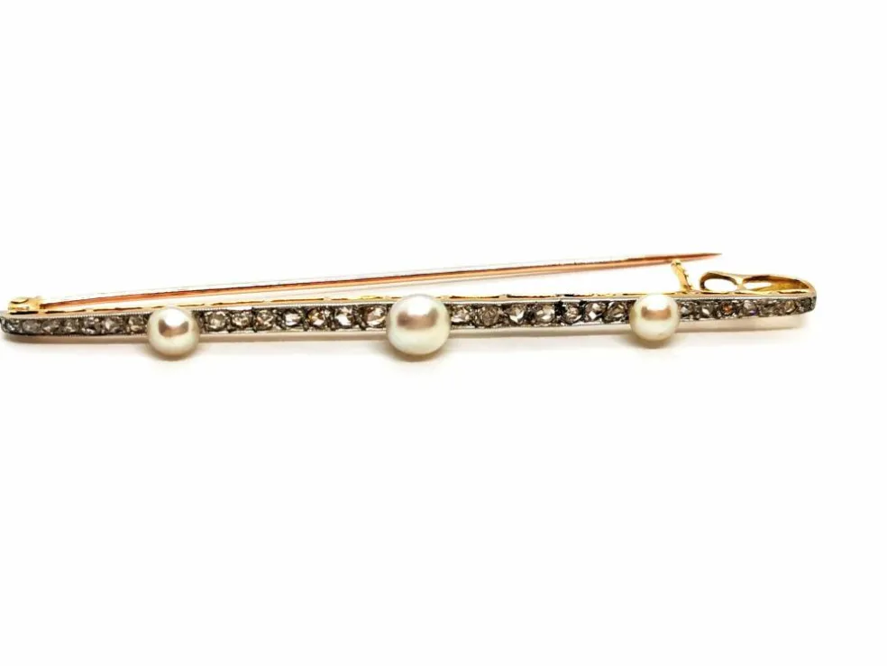 Broche Barrette Or jaune, Platine Diamant, Perle