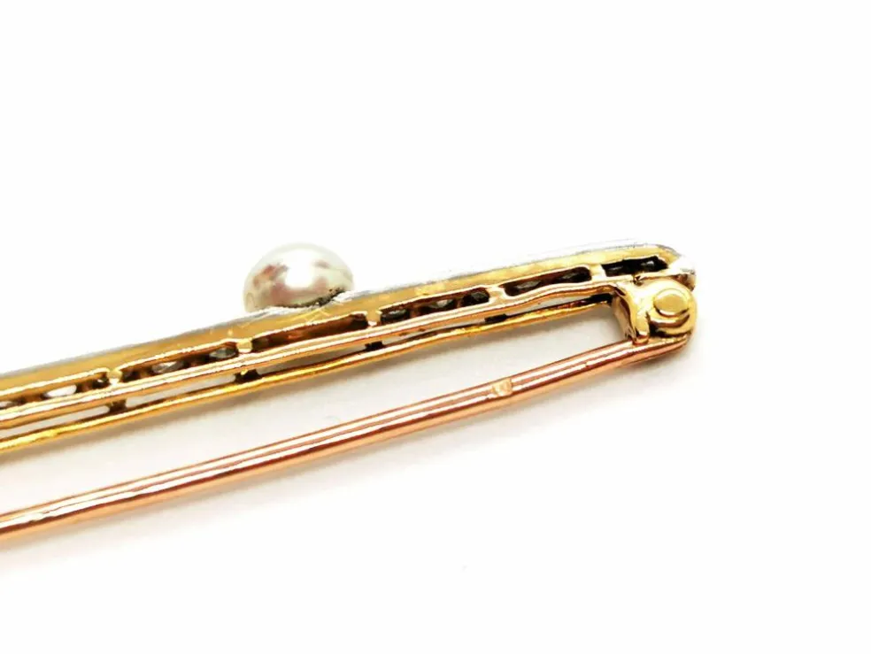Broche Barrette Or jaune, Platine Diamant, Perle
