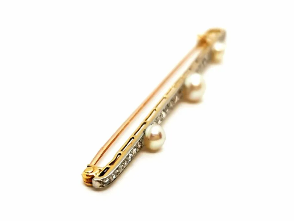 Broche Barrette Or jaune, Platine Diamant, Perle
