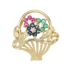 Broche bouquet or jaune saphirs rubis émeraudes