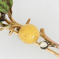 Broche branche de citronnier émail et perles fines