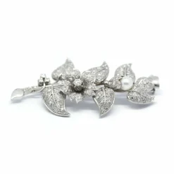 Broche branche florale or blanc diamants et perles