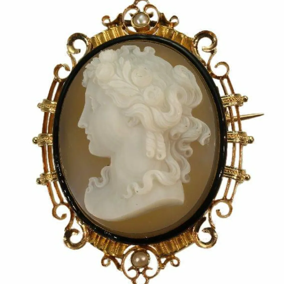 Broche camée, monture émaillée
