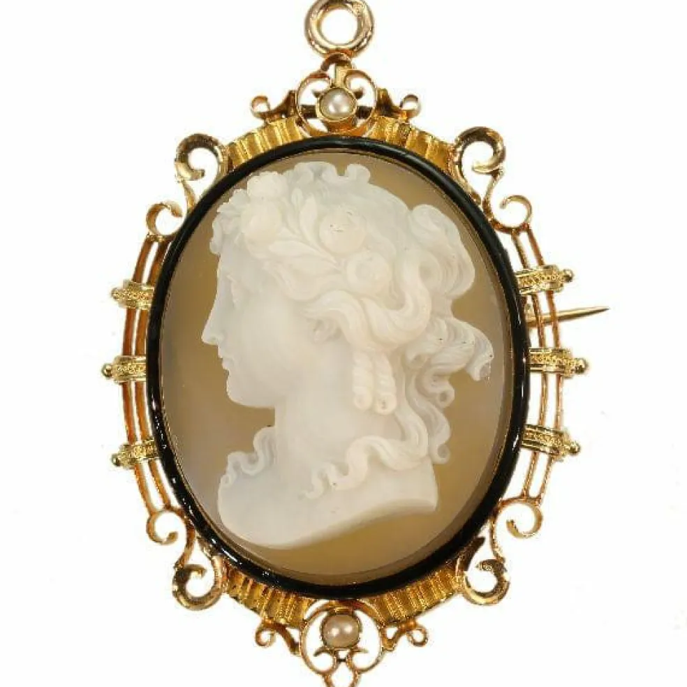 Broche camée, monture émaillée