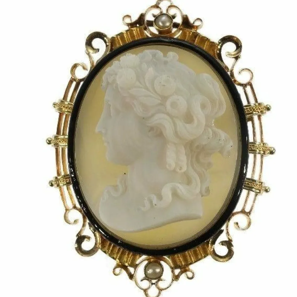 Broche camée, monture émaillée