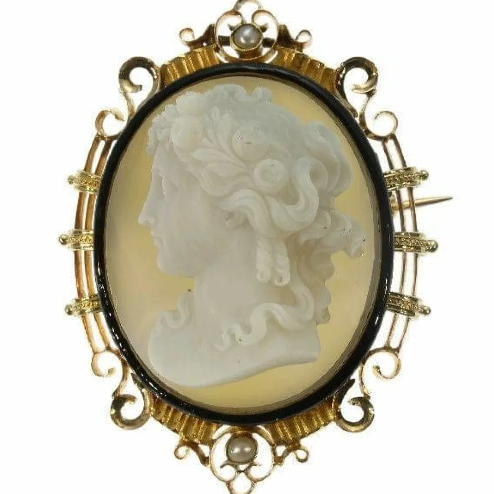 Broche camée, monture émaillée