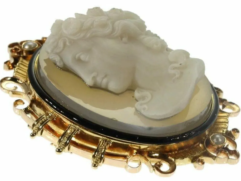 Broche camée, monture émaillée