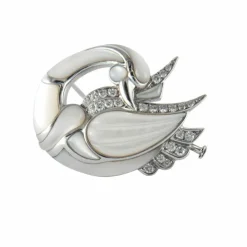 Broche Cygne Or Gris Nacre Diamants Pièce Unique