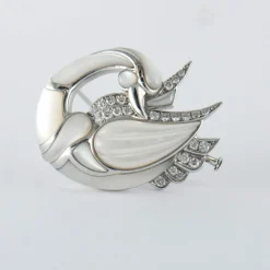 Broche Cygne Or Gris Nacre Diamants Pièce Unique