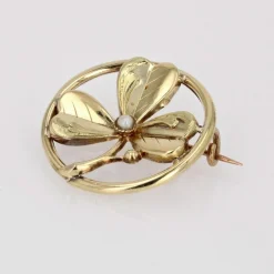 Broche de col or jaune trèfle perle