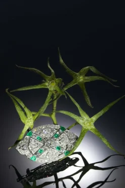 Broche diamant et émeraude