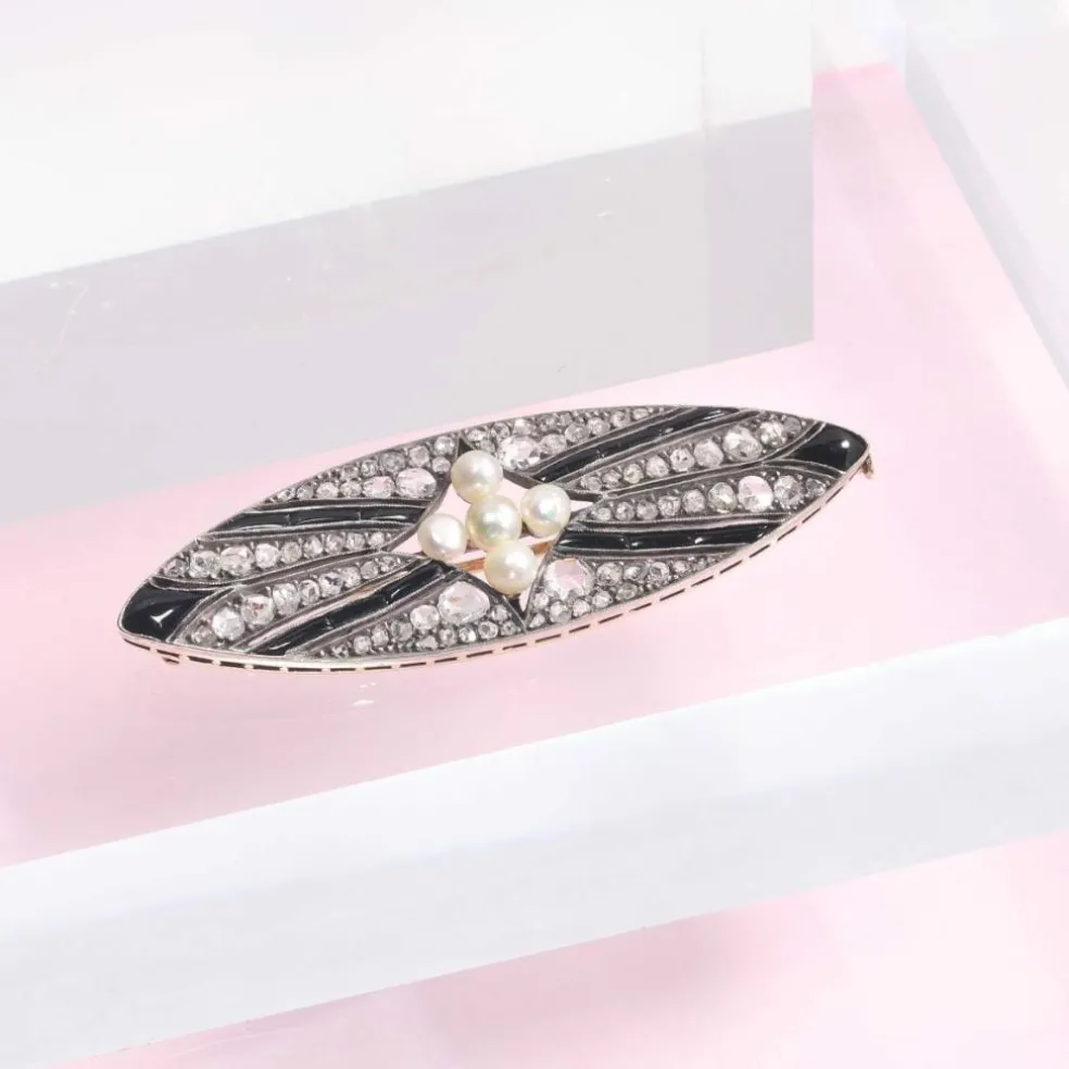 Broche diamant onyx et perle