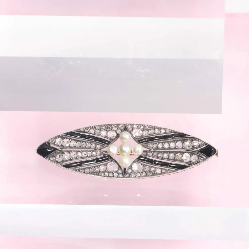 Broche diamant onyx et perle