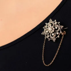 Broche diamants ancienne or rose et argent