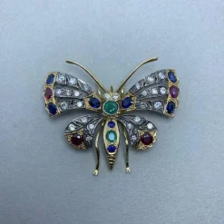 Broche en or jaune argent diamants pierres de couleurs