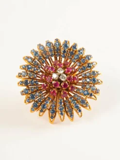 Broche en or jaune, saphirs, rubis et diamants