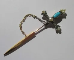 Broche epingle diamants, perles & turquoise