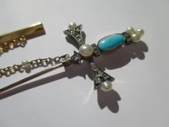Broche epingle diamants, perles & turquoise