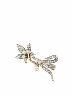 Broche Erable en Or, Diamants, et Perles Fines