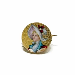 Broche "Femme au chapeau" en Or jaune et Email