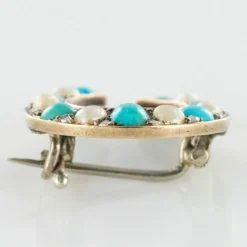 Broche fer à cheval turquoises perles fines diamants