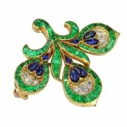 Broche Fleur de Lys Antique Français, Essence Verte Intense (émeraudes, saphirs, diamants)