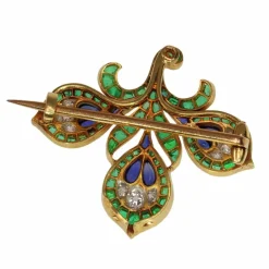 Broche Fleur de Lys Antique Français, Essence Verte Intense (émeraudes, saphirs, diamants)