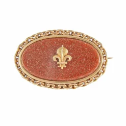Broche Fleur de Lys, Or Jaune & Verre Aventuriné