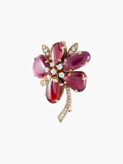 Broche Fleur Grenats & Diamants, Or Jaune