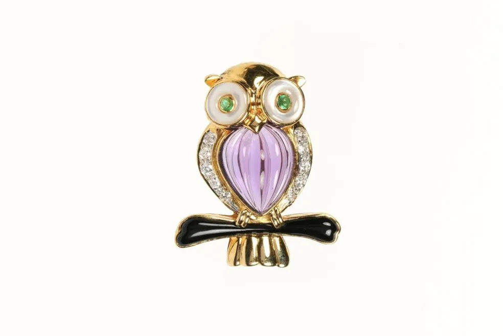 Broche Hibou Années 70 or jaune, pierres multiples, diamants