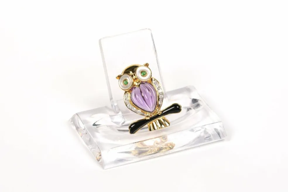 Broche Hibou Années 70 or jaune, pierres multiples, diamants
