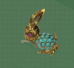 broche lapin or jaune turquoises rubis