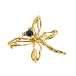 Broche Libellule or jaune et blanc, diamants et cabochon de saphir